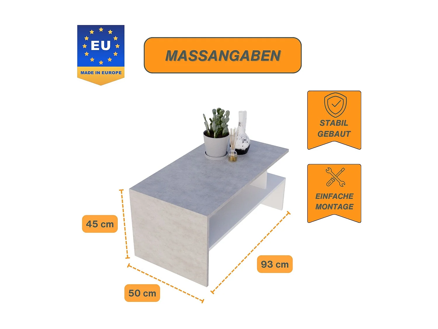 CraftPAK moderner & stabiler Couchtisch für Wohnzimmer aus Holzwerkstoff