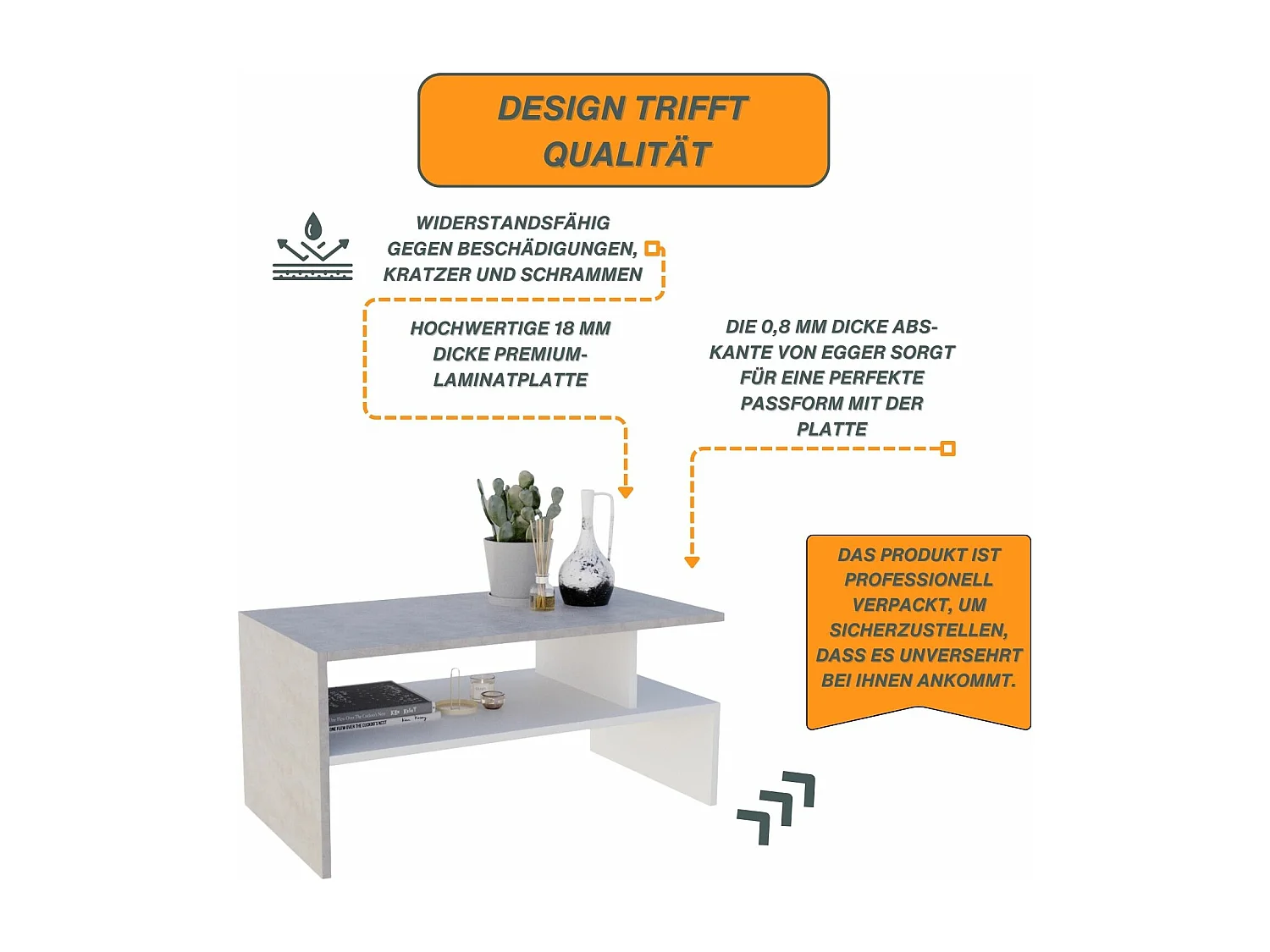 CraftPAK moderner & stabiler Couchtisch für Wohnzimmer aus Holzwerkstoff