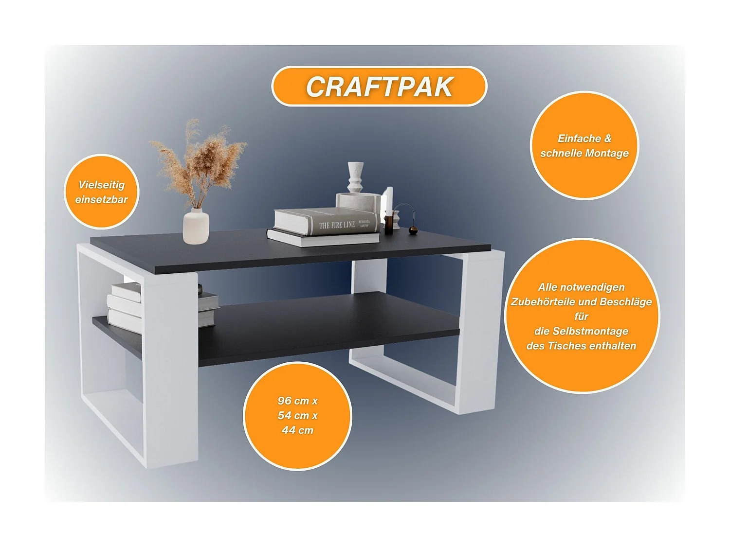 CraftPAK moderner & stabiler Couchtisch für Wohnzimmer aus Holzwerkstoff 42x54x96cm