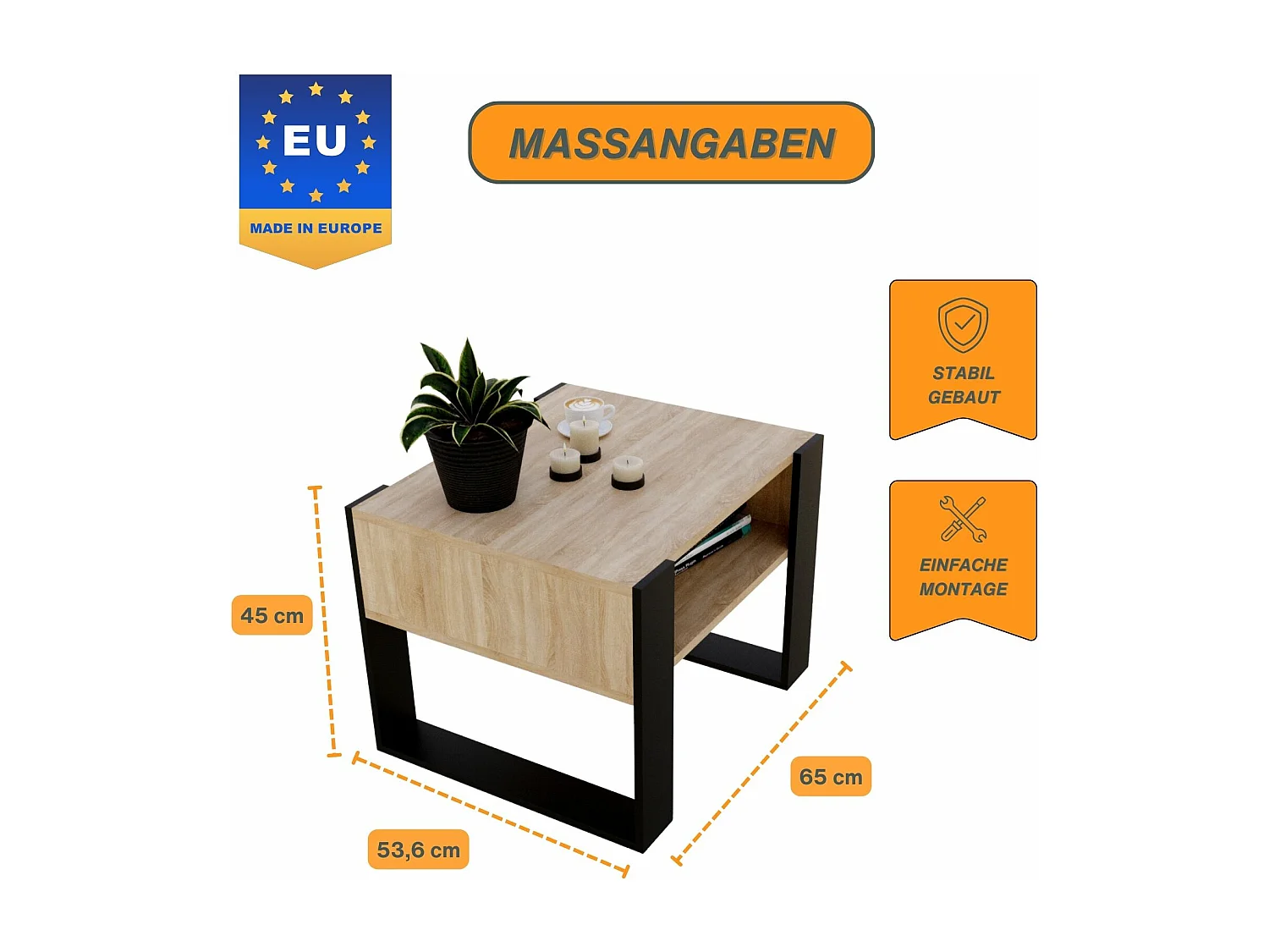 CraftPAK moderner & stabiler Couchtisch für Wohnzimmer aus Holzwerkstoff 45x53,6x65cm