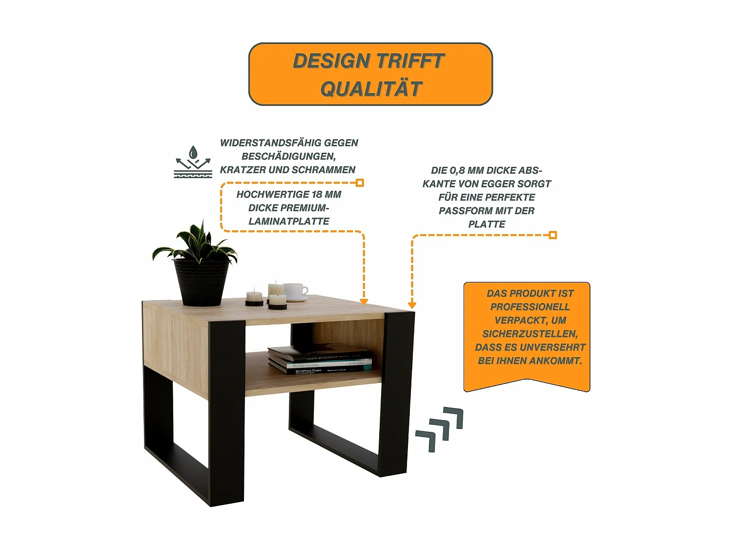 CraftPAK moderner & stabiler Couchtisch für Wohnzimmer aus Holzwerkstoff 45x53,6x65cm