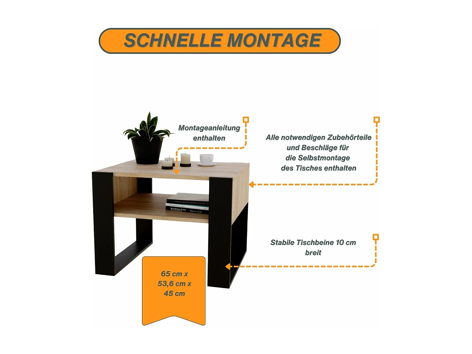 CraftPAK moderner & stabiler Couchtisch für Wohnzimmer aus Holzwerkstoff 45x53,6x65cm