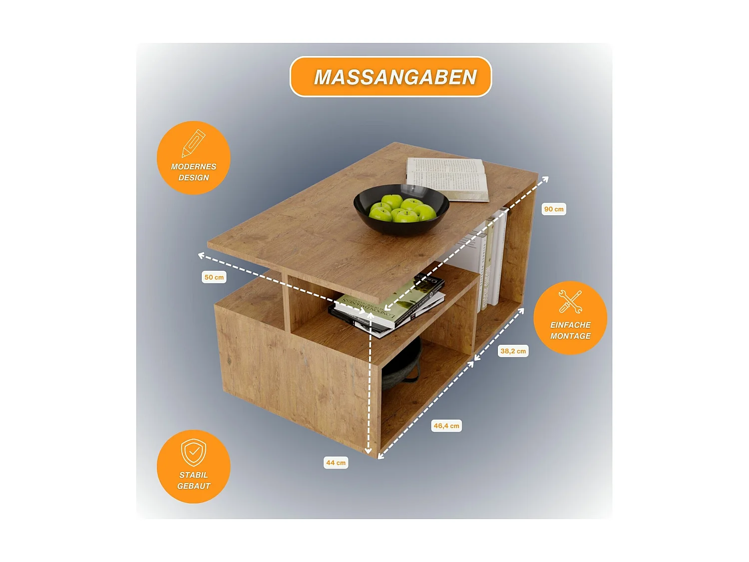 CraftPAK moderner & stabiler Couchtisch für Wohnzimmer aus Holzwerkstoff 44x50x90cm