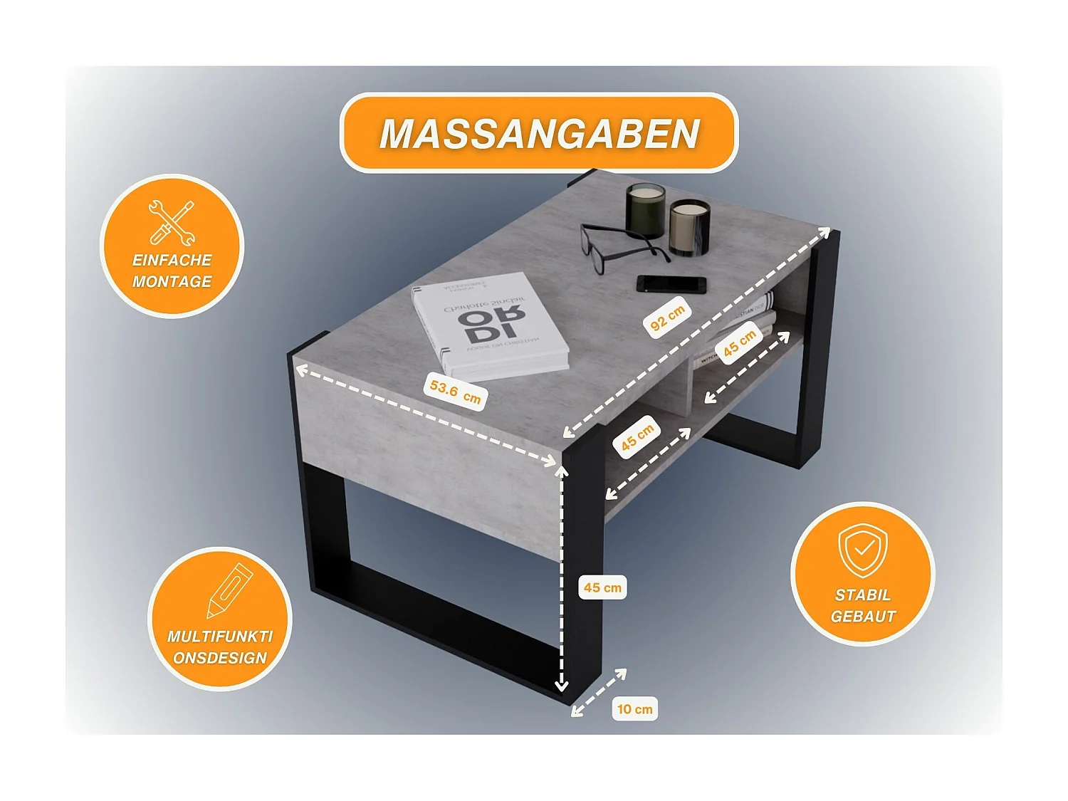 CraftPAK moderner & stabiler Couchtisch für Wohnzimmer aus Holzwerkstoff 45x53,6x92cm