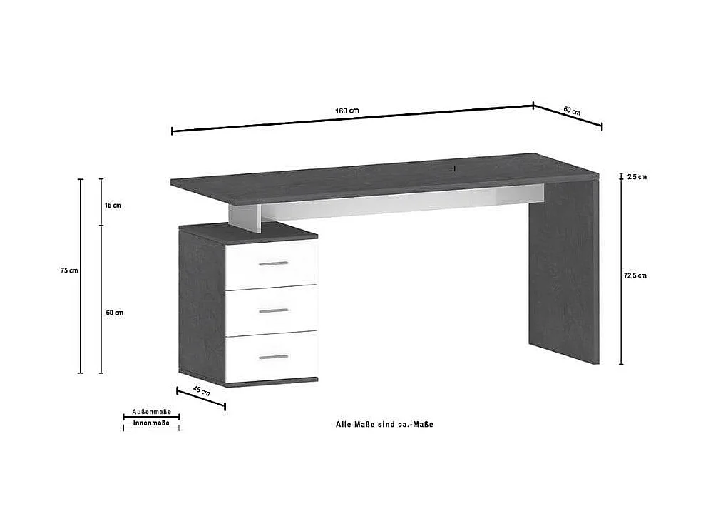 New Selina Basic escritorio de oficina moderno 3 cajones 160x60x75cm New Selina Basic - Negro - Blanco