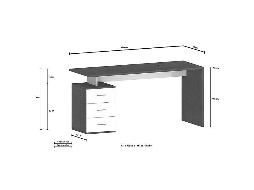 Bureau élégant style moderne 3 tiroirs 160x60x75 ZONION