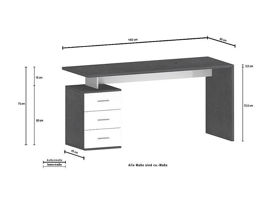 Bureau élégant style moderne 3 tiroirs 160x60x75 ZONION