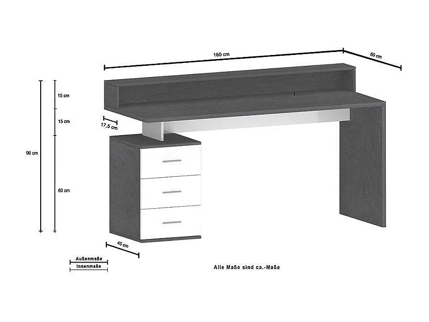Escritorio de oficina 160x60x90cm 3 cajones  superpuestos Nuevo Selina S Plus - Negro - Blanco