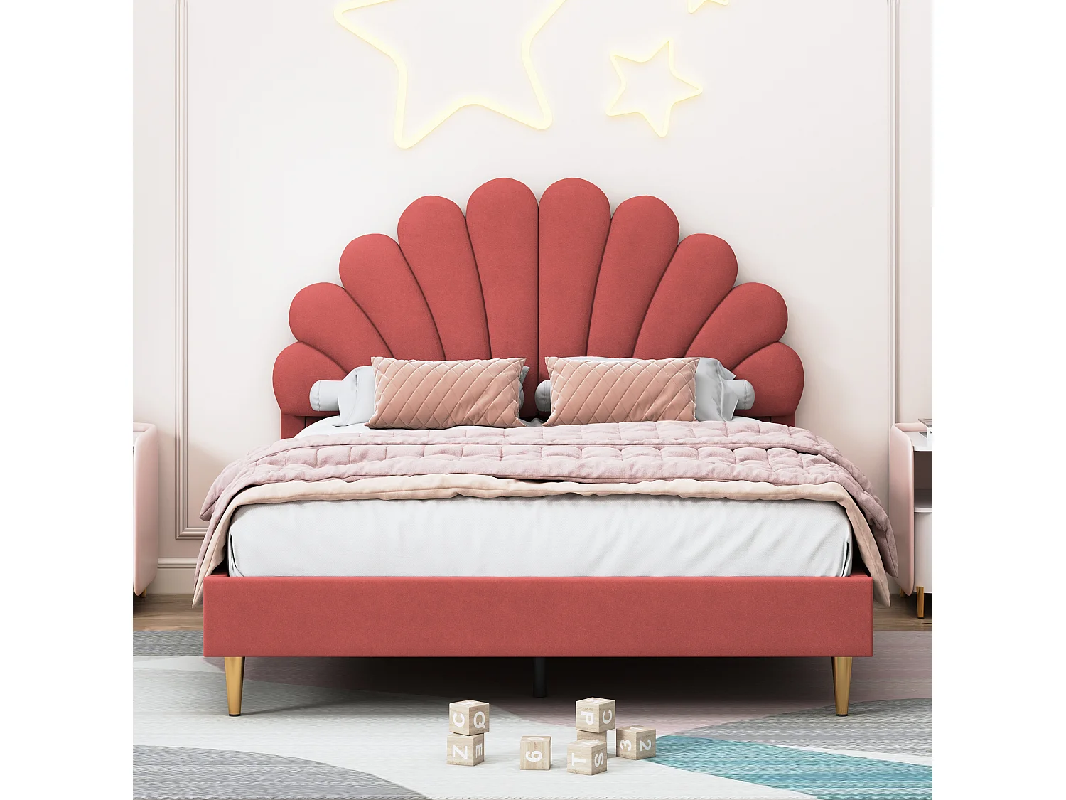 Tweepersoonsbed 140 x 200, bed 140 x 200, gestoffeerd bed, volwassen bed met bloemvormig hoofdeinde, bordeauxrood fluweel