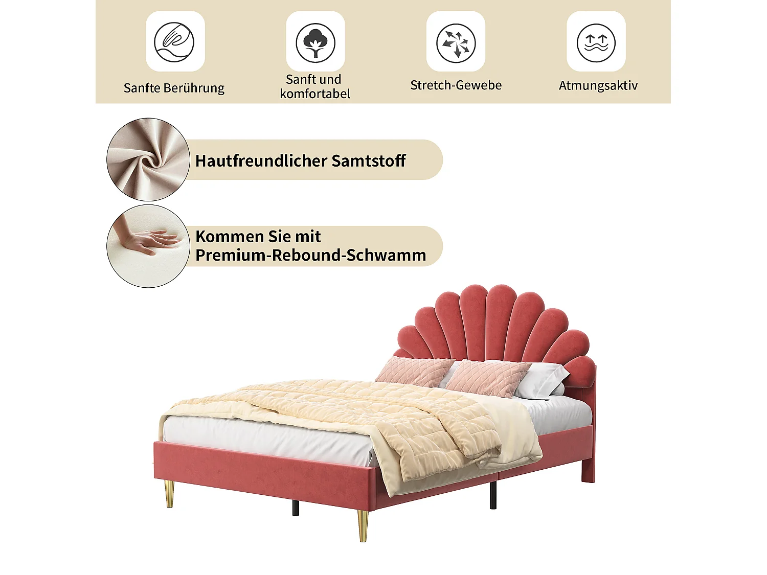 Tweepersoonsbed 140 x 200, bed 140 x 200, gestoffeerd bed, volwassen bed met bloemvormig hoofdeinde, bordeauxrood fluweel