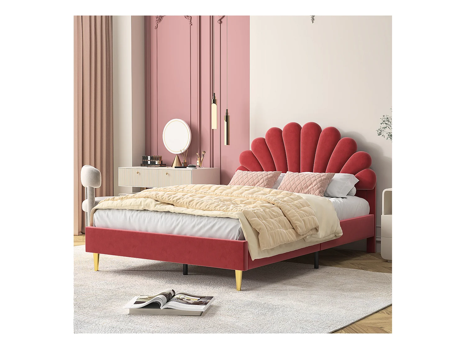 Tweepersoonsbed 140 x 200, bed 140 x 200, gestoffeerd bed, volwassen bed met bloemvormig hoofdeinde, bordeauxrood fluweel