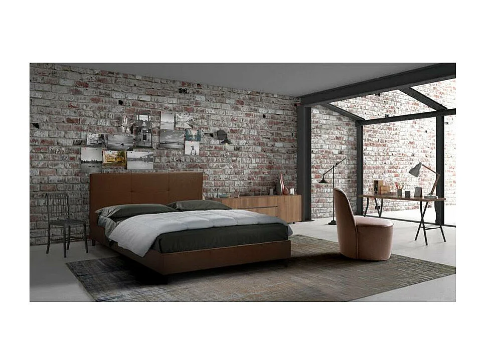 Cama doble matrimonial de tela con cabecero 160x190 Lausanne King - Marrón