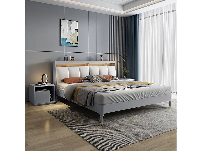 Cama Matrimonial 180 x 200 Diseño Moderno Canapé LED USB Courier King - Gris claro