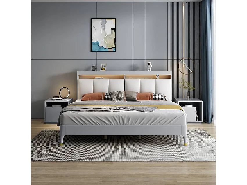 Cama Matrimonial 180 x 200 Diseño Moderno Canapé LED USB Courier King - Gris claro