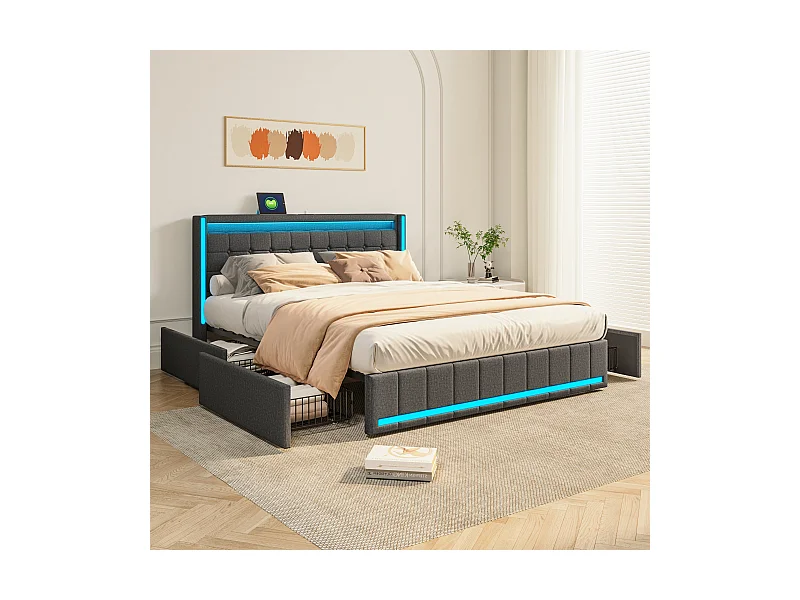 Lit 140x200 cm avec LED et ports USB Type C, lit Queen 140x200 cm avec sommier à lattes et 4 tiroirs, tissu en lin, gris foncé