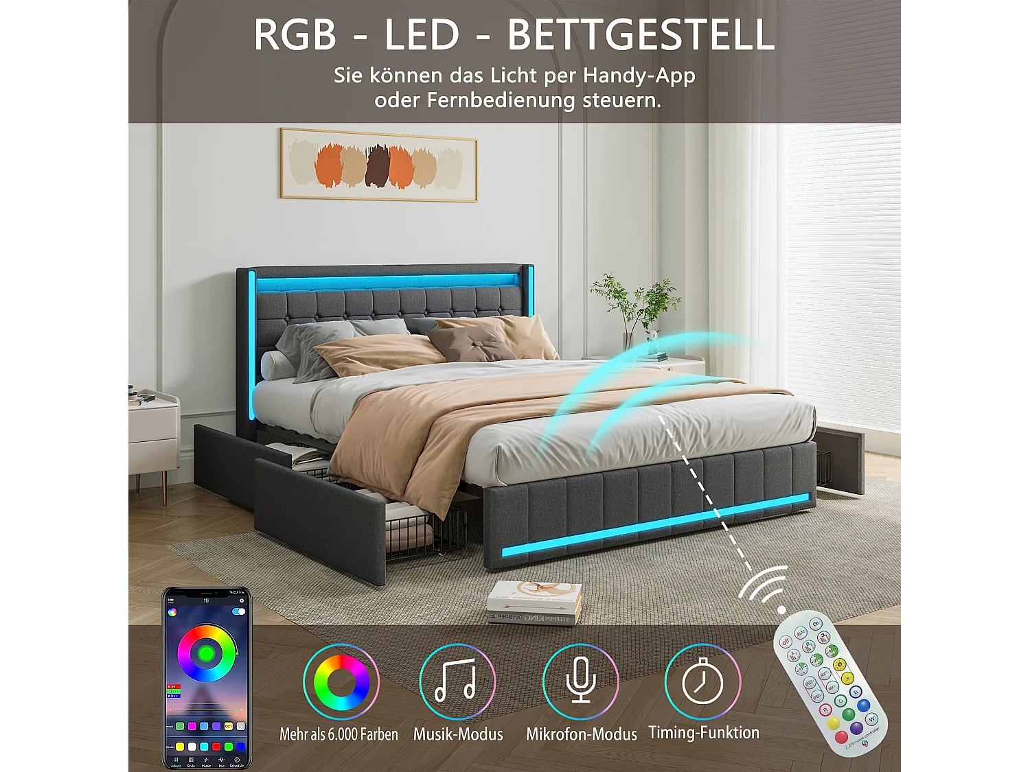 Lit 140x200 cm avec LED et ports USB Type C, lit Queen 140x200 cm avec sommier à lattes et 4 tiroirs, tissu en lin, gris foncé