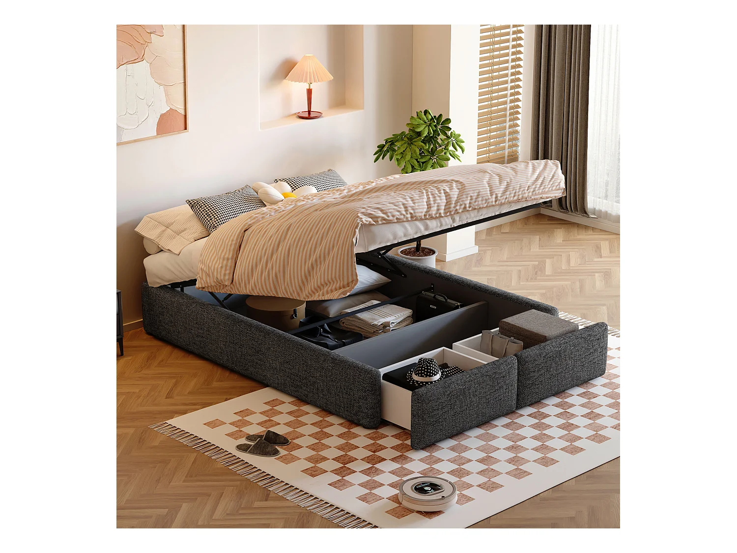 Lit rembourré coffre 140x200 cm avec 2 tiroirs, lit adulte avec sommier à lattes, sans tête de lit, tissu en lin, gris
