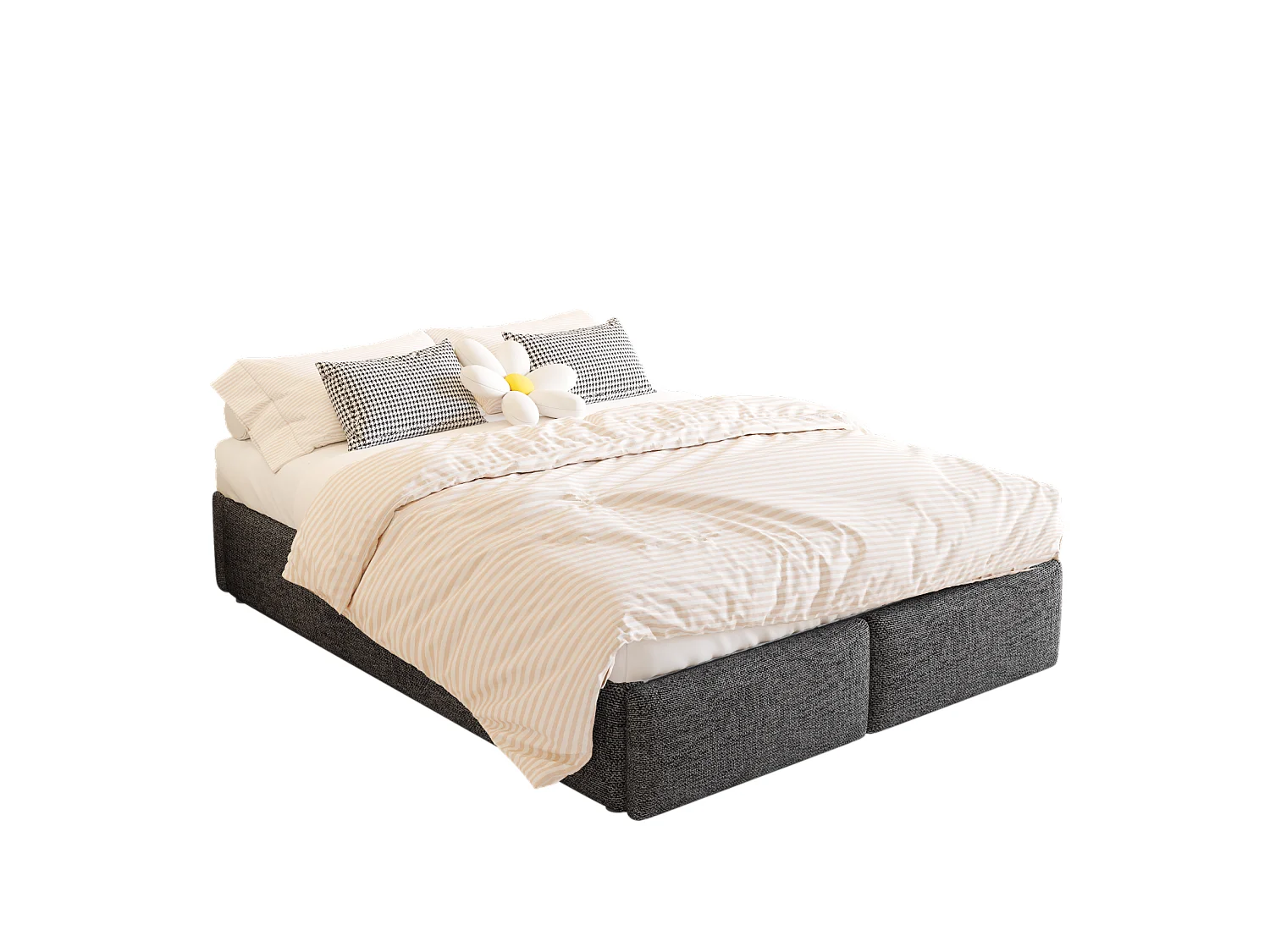 Lit rembourré coffre 140x200 cm avec 2 tiroirs, lit adulte avec sommier à lattes, sans tête de lit, tissu en lin, gris