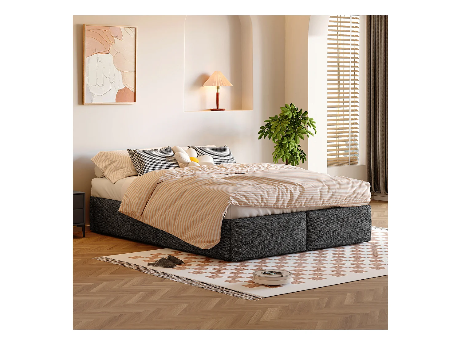 Lit rembourré coffre 140x200 cm avec 2 tiroirs, lit adulte avec sommier à lattes, sans tête de lit, tissu en lin, gris