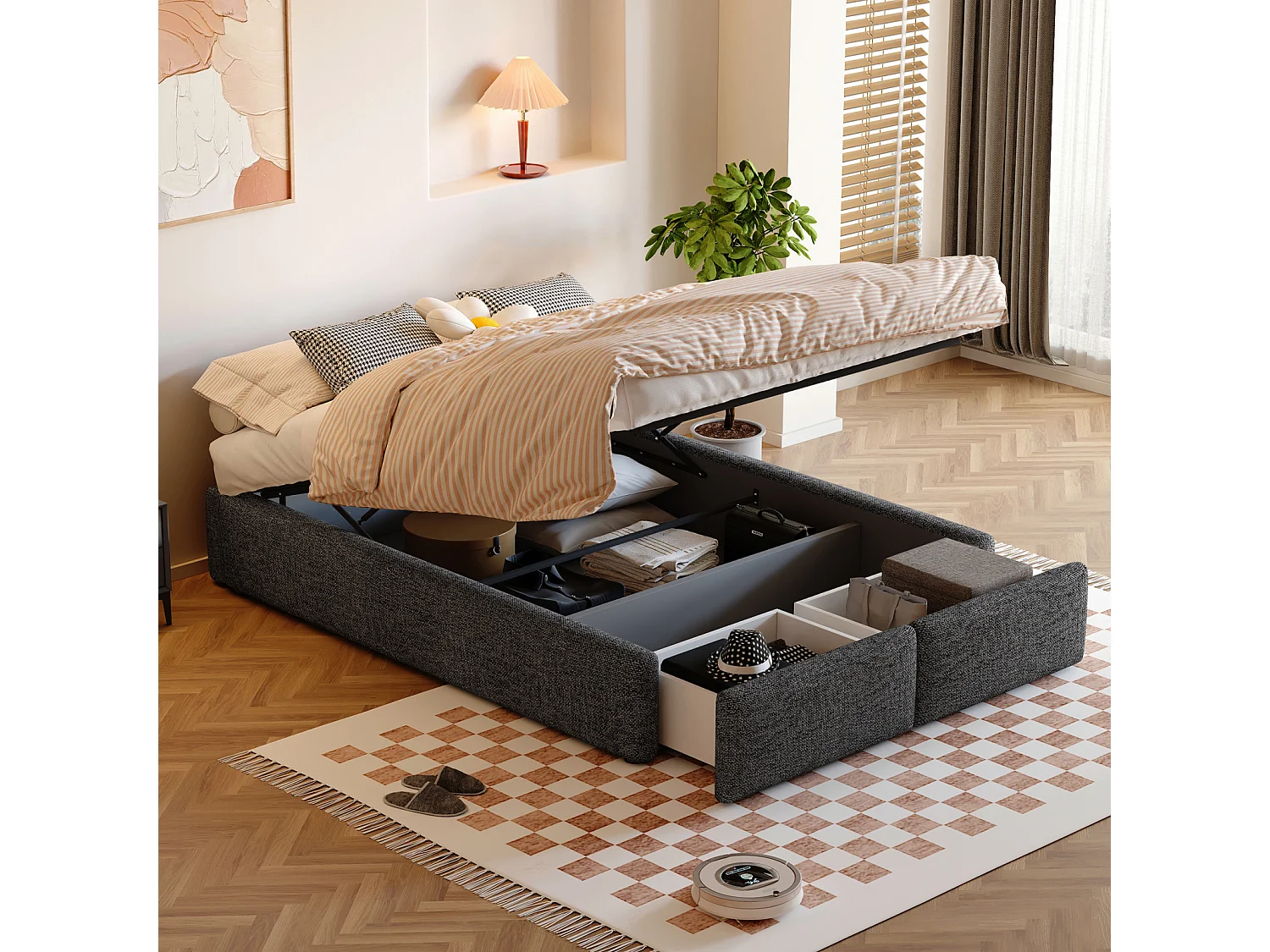 Lit rembourré coffre 140x200 cm avec 2 tiroirs, lit adulte avec sommier à lattes, sans tête de lit, tissu en lin, gris