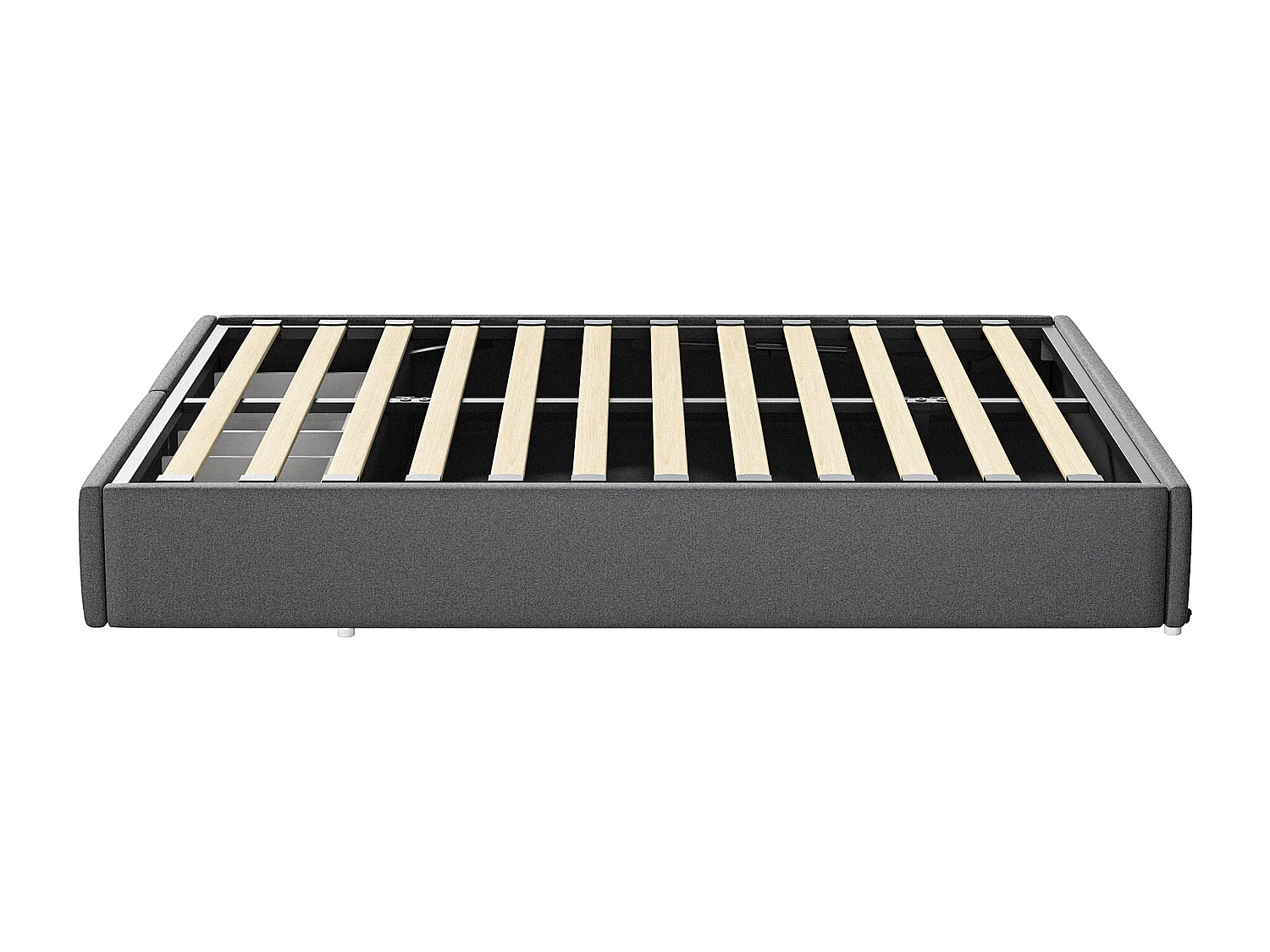 Lit rembourré coffre 140x200 cm avec 2 tiroirs, lit adulte avec sommier à lattes, sans tête de lit, tissu en lin, gris