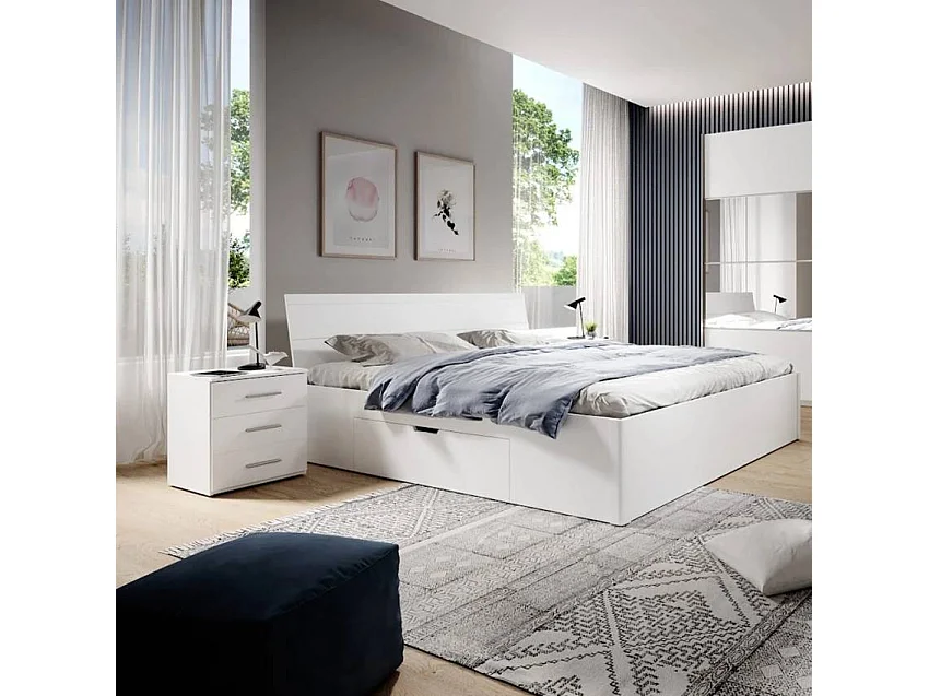 Cama de matrimonio de 160x200 cm de madera color blanco con 2 mesitas de noche  y somier de lamas Indra