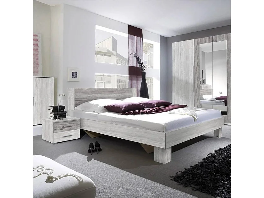 Cama de matrimonio de 160x200 cm de madera color blanco con 2 mesitas de noche  y somier de lamas Indra