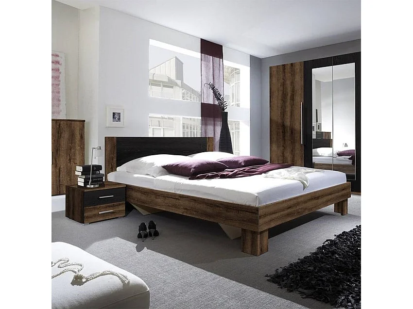 Cama de matrimonio con 2 mesitas de noche de 180x200 cm, cabecero y somier de lamas madera Lauret