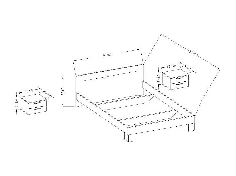 Cama de matrimonio con 2 mesitas de noche de 180x200 cm, cabecero y somier de lamas madera Lauret