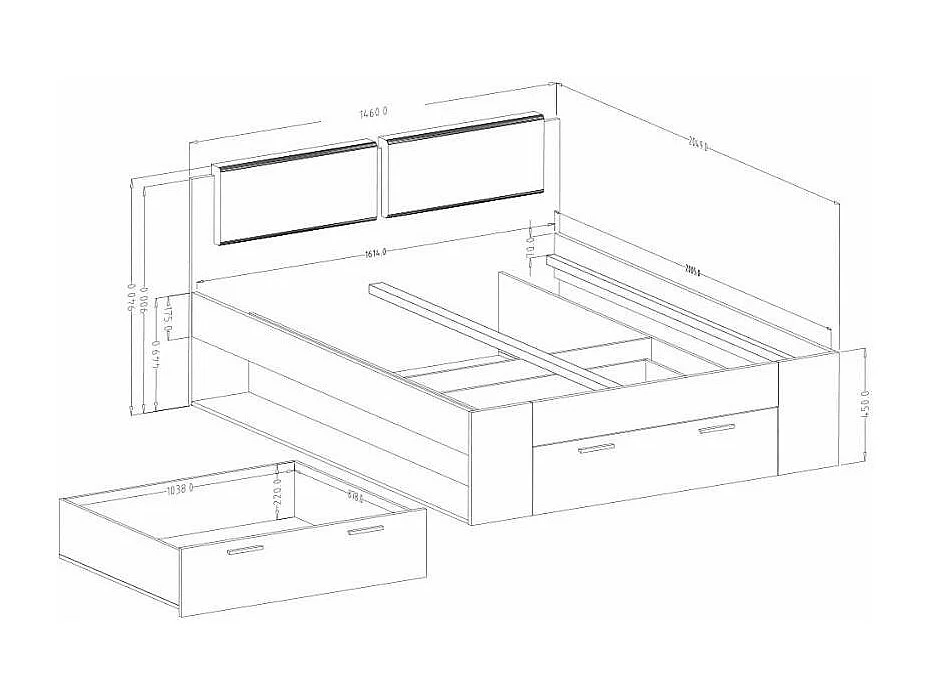 Cama de plaza y media de 140x200cm color roble oscuro con cajón de almacenamiento Anthe