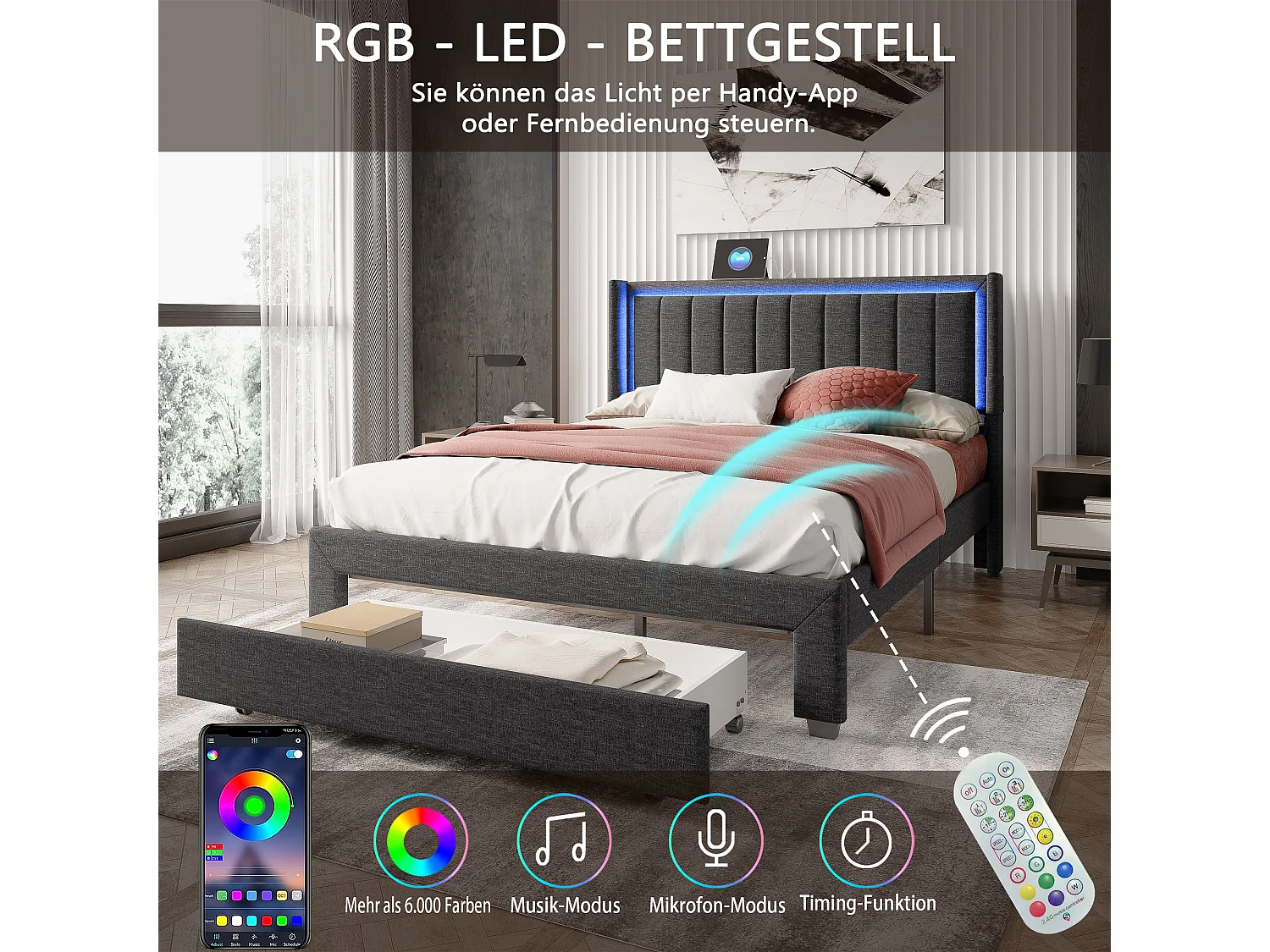 Cama estofada 140x200 com gaveta, cama de casal LED com USB e roupa de cama tipo C, cama estofada para adulto, cama com armazenamento, cinza