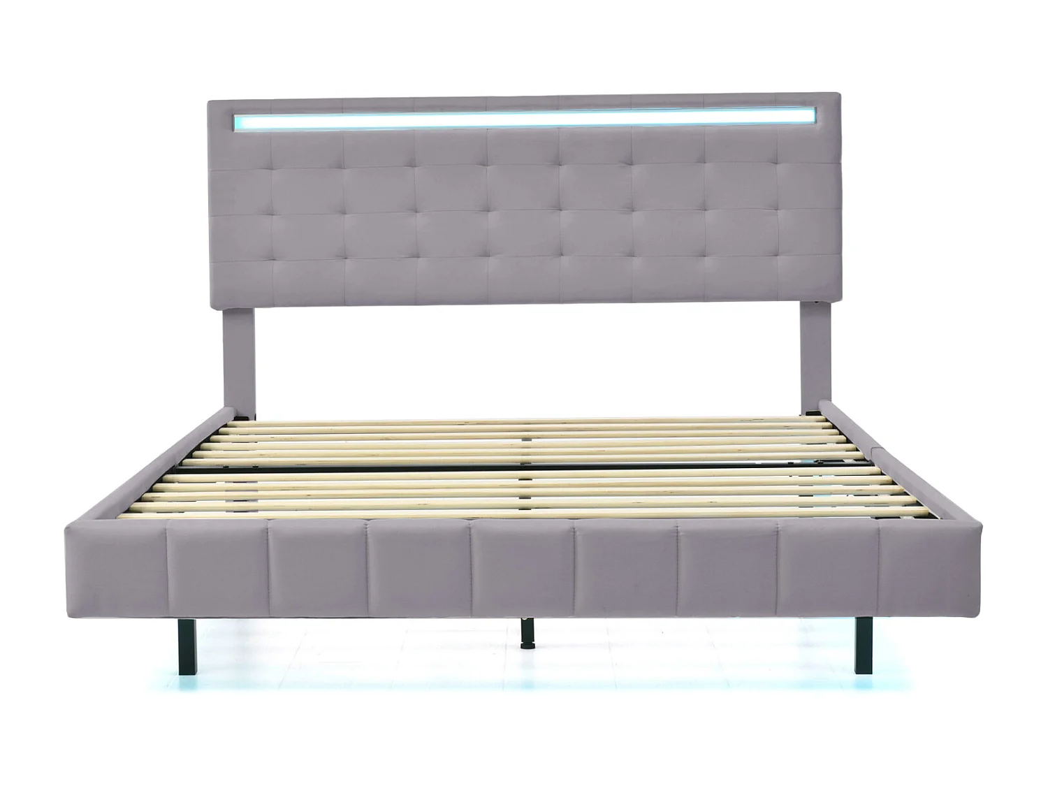 Lit double 140 x 200cm avec sommier à lattes, Lit 140 x 200cm avec éclairage LED et USB, cadre de lit en lin, Gris