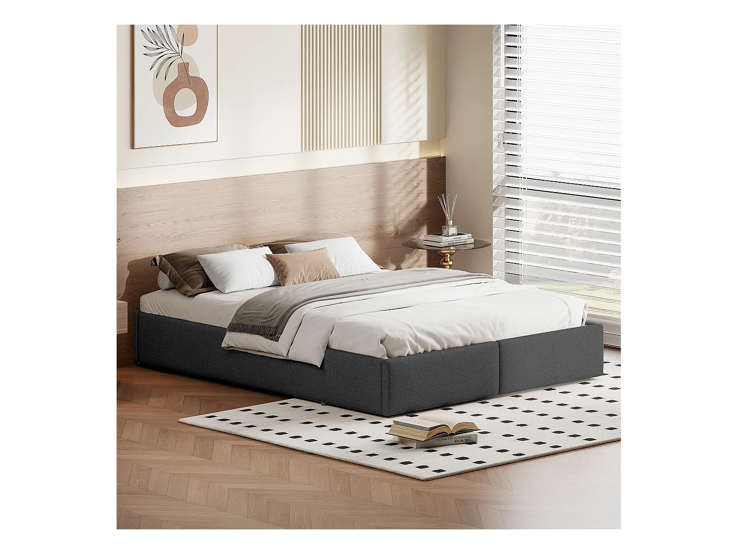 Gestoffeerd opbergbed 160x200 cm met 2 lades, volwassenenbed met lattenbodem, zonder hoofdeinde, linnenstof, grijs