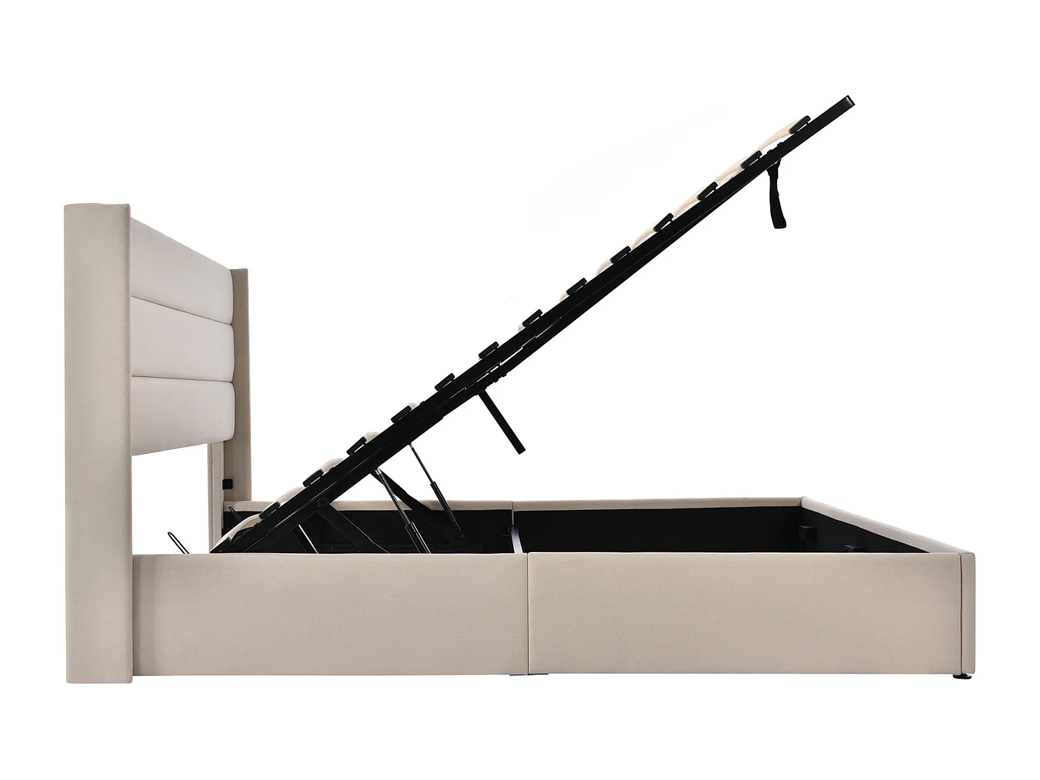 Lit 160x200 capitonné en lin gris, avec LED, grand espace de rangement, tête de lit réglable et 2 ports USB. Cadre de lit rembourré pratique et moderne.