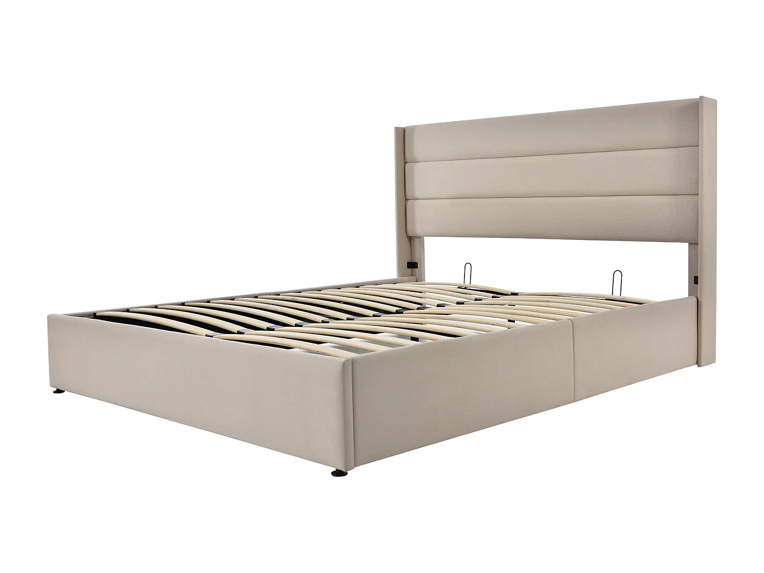 Lit 160x200 capitonné en lin gris, avec LED, grand espace de rangement, tête de lit réglable et 2 ports USB. Cadre de lit rembourré pratique et moderne.