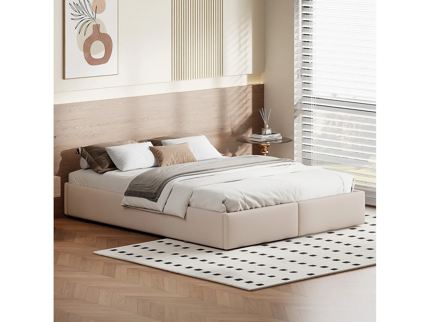 Gestoffeerd opbergbed 140x200 cm met 2 lades, volwassen bed met lattenbodem, zonder hoofdbord, linnen stof, beige