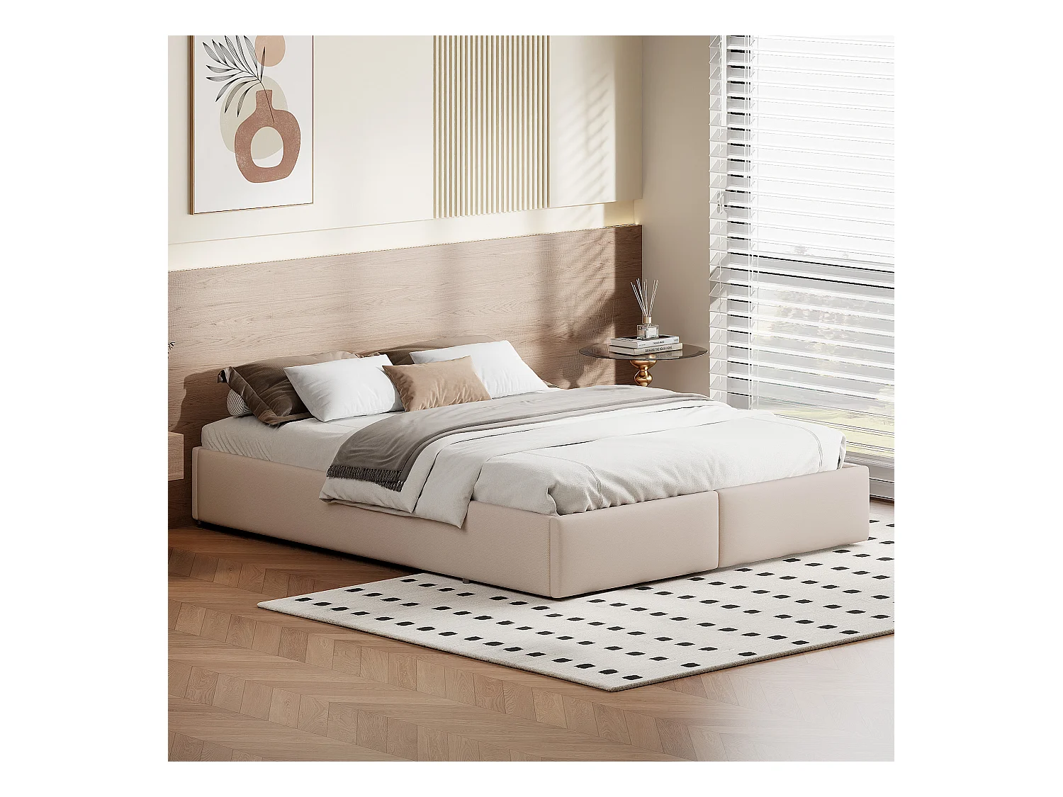 Lit rembourré coffre 140x200 cm avec 2 tiroirs, lit adulte avec sommier à lattes, sans tête de lit, tissu en lin, beige