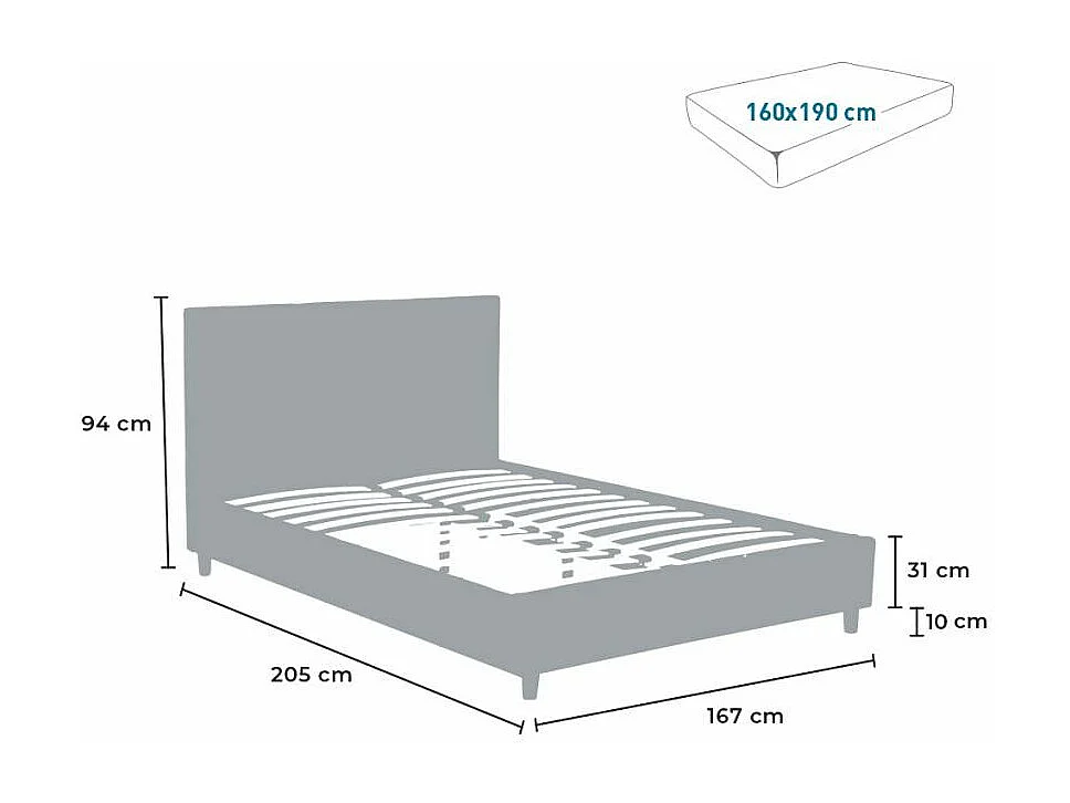 Letto matrimoniale 160x190 2 posti in tessuto con doghe Fruscio