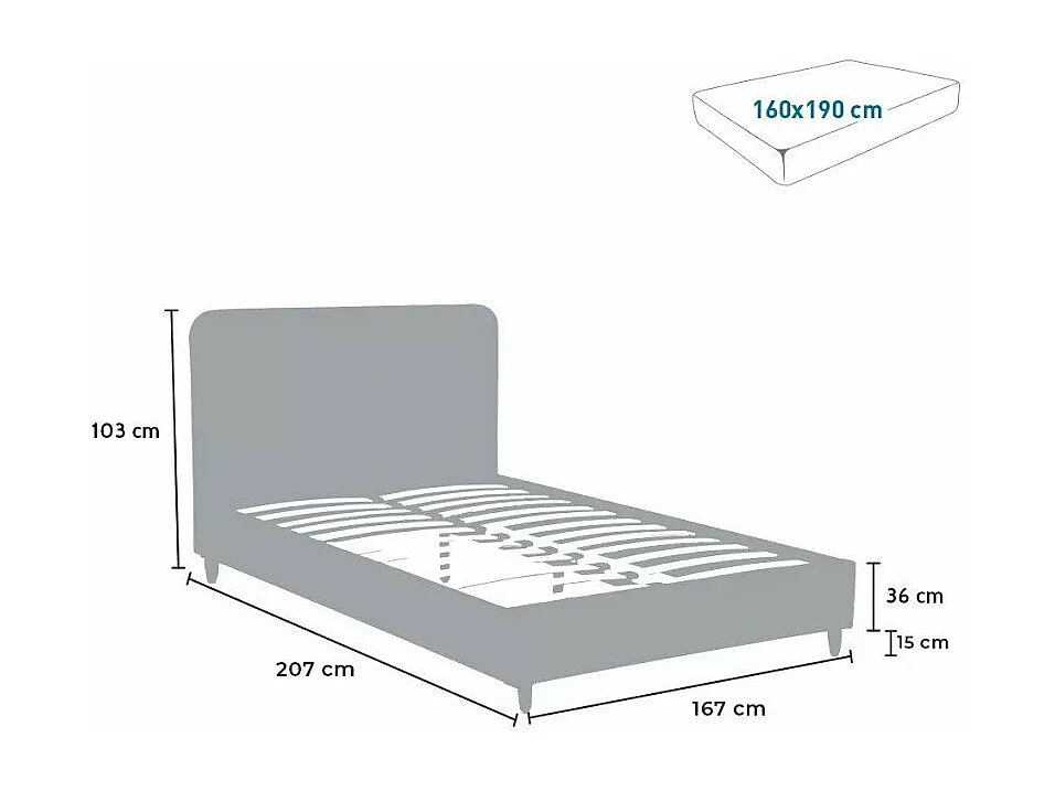Letto matrimoniale 160x190 in tessuto e legno con doghe Radioso