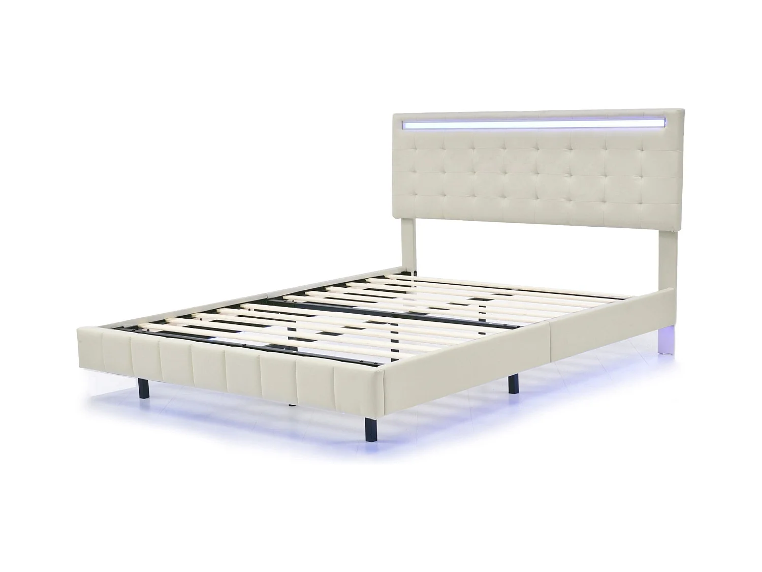 Tweepersoonsbed 140 x 200 cm met lattenbodem, Bed 140 x 200 cm met ledverlichting en USB, linnen bedframe, beige