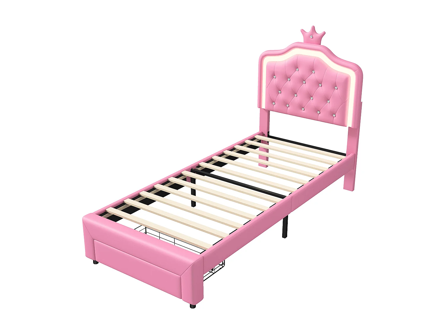 letto per bambini 90x200 cm, letto singolo imbottito 90 x 200 con cassetto, LED regolabile, letto principessa con corona, PU, ROSA