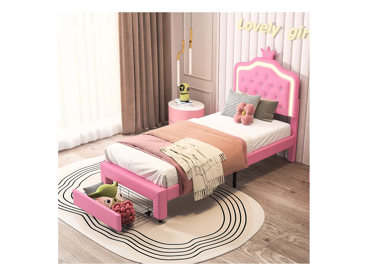 kinderbed 90x200 cm, eenpersoonsbed gestoffeerd 90 x 200 met lade, verstelbare LED, prinsessenbed met kroon, PU, ROZE