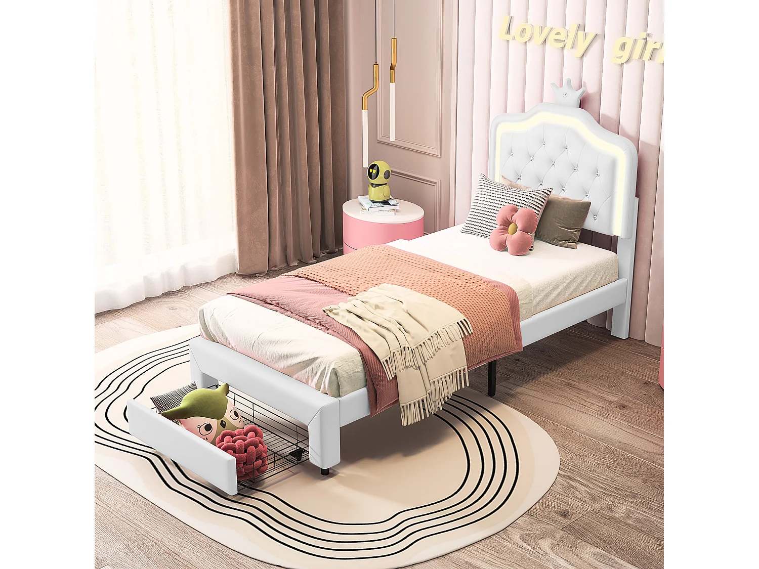 cama infantil 90x200 cm, cama de solteiro estofada 90 x 200 com gaveta, LED ajustável, cama princesa com coroa, PU, branco