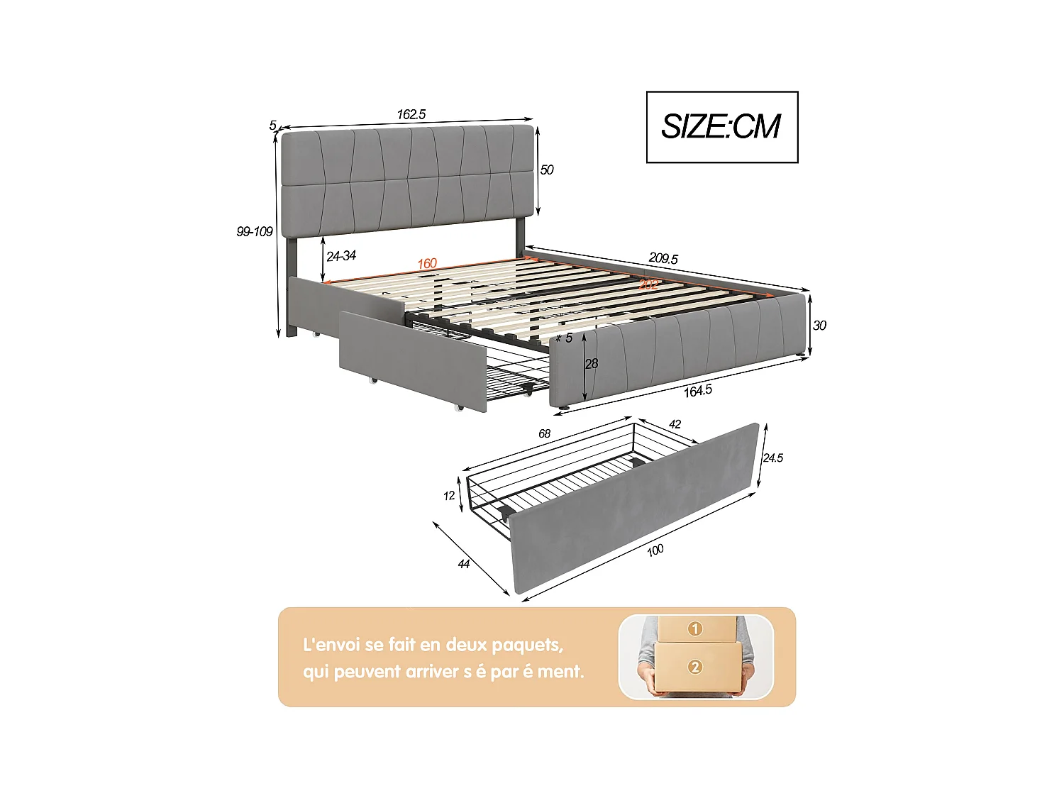 lit double 160 x 200 avec 4 tiroirs,lit capitonné avec sommier à lattes en bois,Tissu velours doux pour la peau,Gris