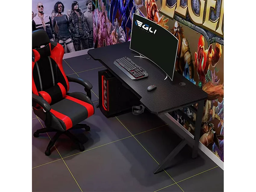 Bureau gamer ergonomique 120x60 cm carbone porte casque gobelet TOTU