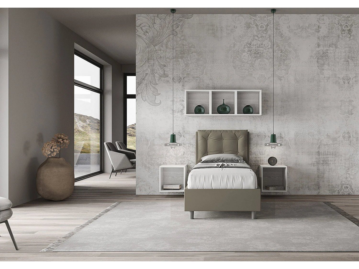 Cama Annalisa capuchino símil piel con base tapizada 80x190