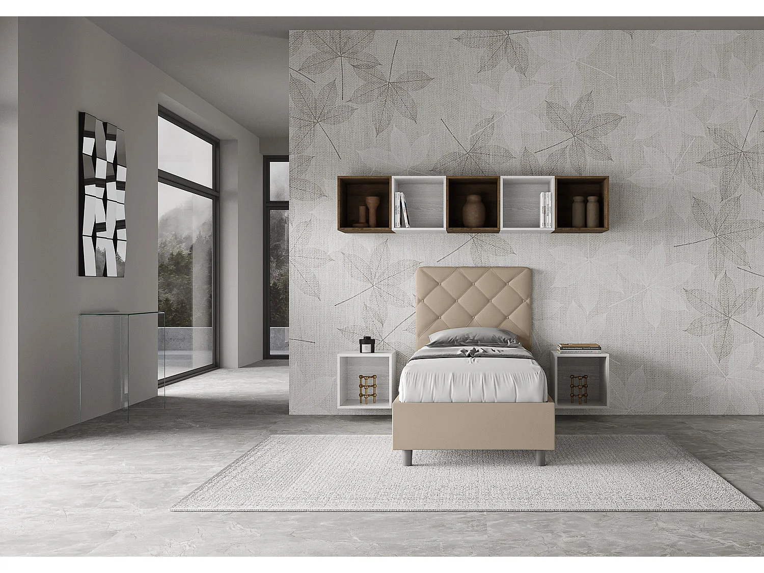 Cama Priya pomba em imitação de pele cinza com base estofada 80x190