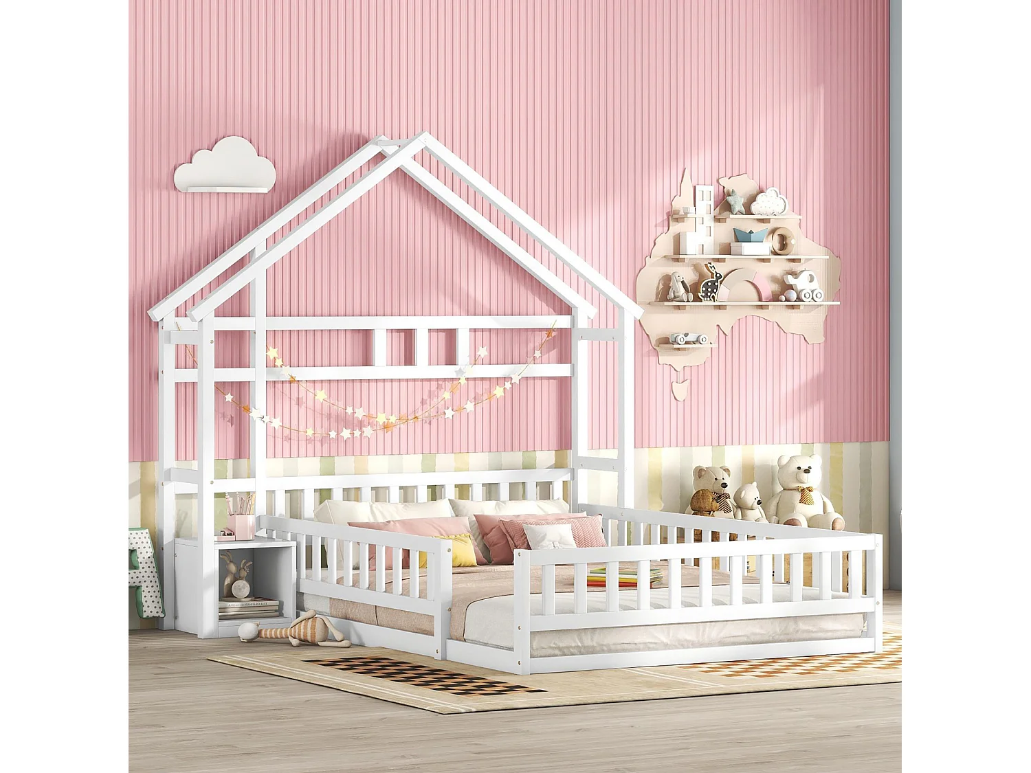 Cama infantil de 140 x 200 cm con barandilla y mesitas de noche. Color blanco.