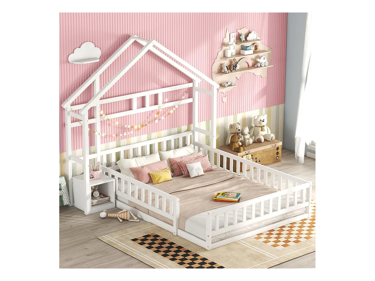 Kinderhutbed 140 x 200 cm met reling en nachtkastjes. wit