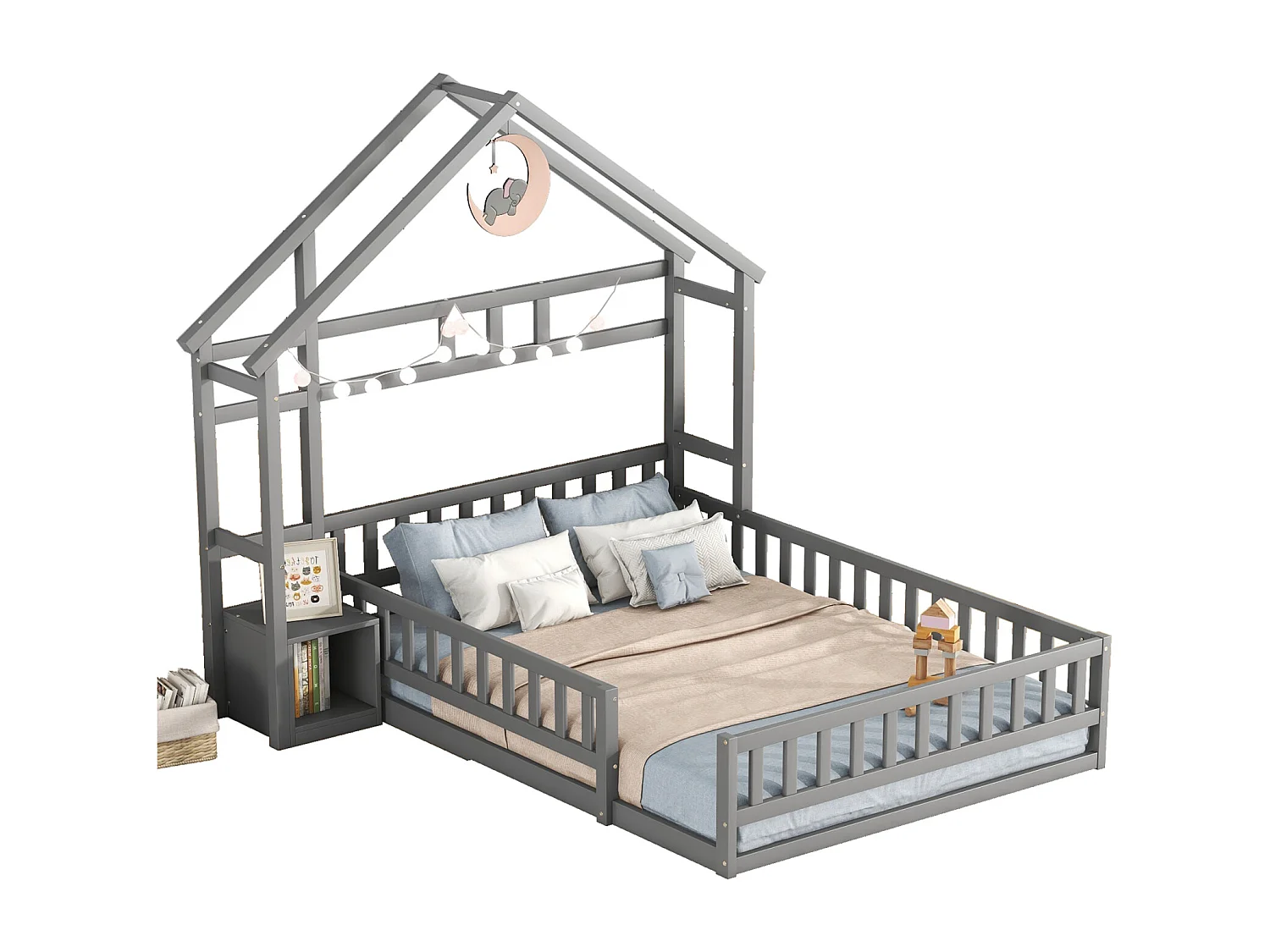 Lit cabane enfant 140 x 200 cm avec balustrade et tables de chevet. gris